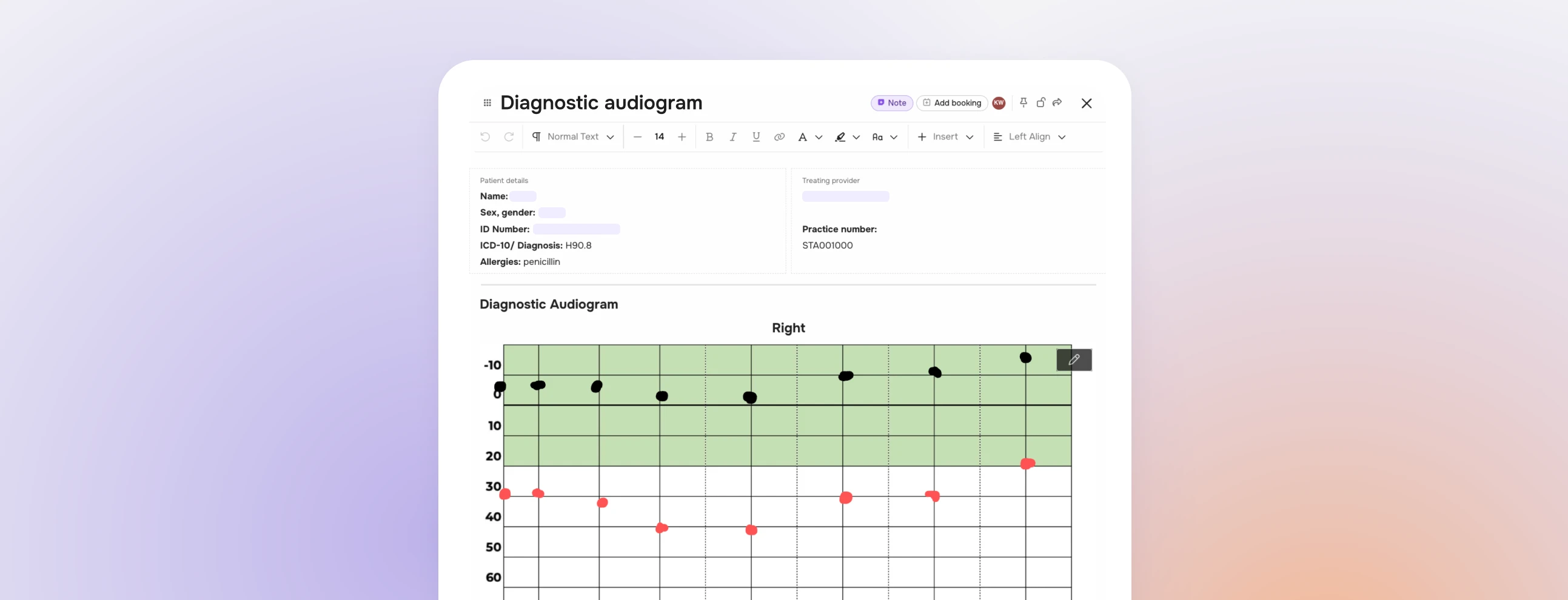 Screenshot of an audiology report in Bookem