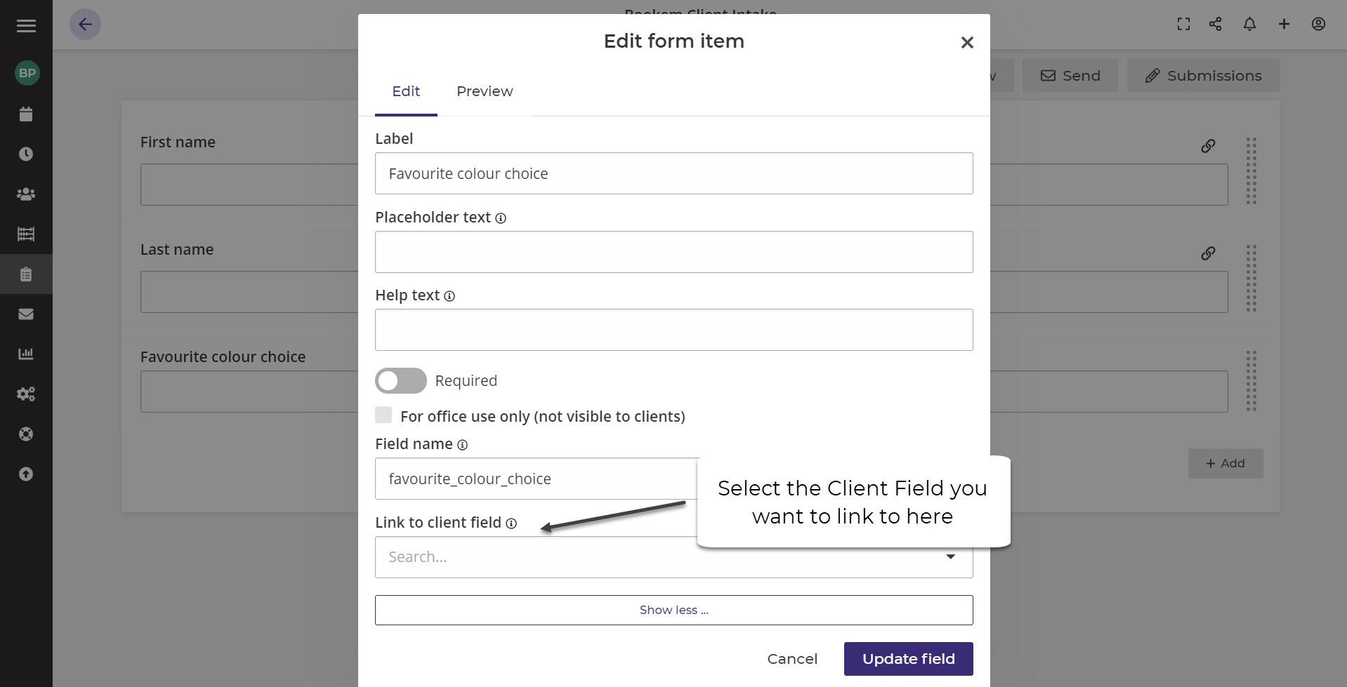 Bookem How To Link A Form Field To A Client Field