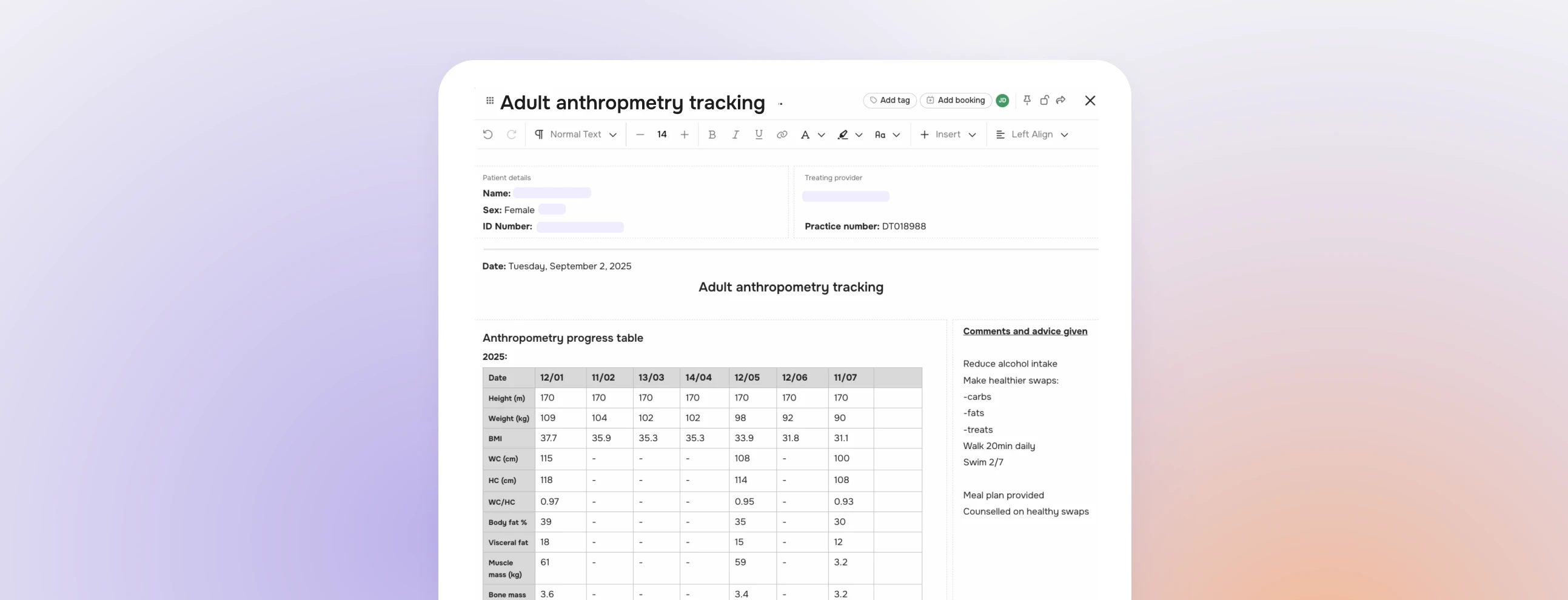 Screenshot of a document in Bookem titled 'Adult anthropmetry tracking'
